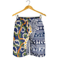 Hawaiian Plumeria Lei Shorts for Men Kakau Motifs and Palaka Half Style Blue Color - Polynesian Pride