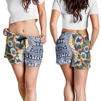 Hawaiian Plumeria Lei Shorts for Women Kakau Motifs and Palaka Half Style Blue Color LT03 - Polynesian Pride