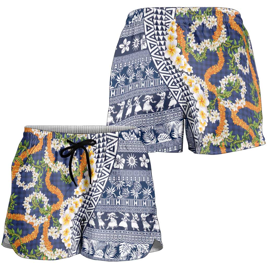 Hawaiian Plumeria Lei Shorts for Women Kakau Motifs and Palaka Half Style Blue Color LT03 - Polynesian Pride