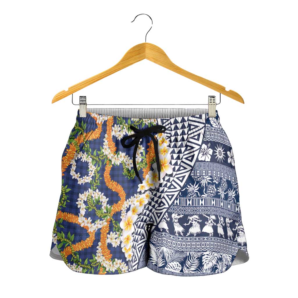 Hawaiian Plumeria Lei Shorts for Women Kakau Motifs and Palaka Half Style Blue Color LT03 - Polynesian Pride