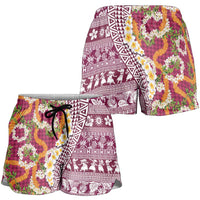 Hawaiian Plumeria Lei Shorts for Women Kakau Motifs and Palaka Half Style Pink Color LT03 - Polynesian Pride