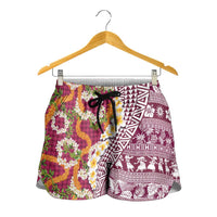 Hawaiian Plumeria Lei Shorts for Women Kakau Motifs and Palaka Half Style Pink Color LT03 - Polynesian Pride