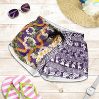 Hawaiian Plumeria Lei Shorts for Women Kakau Motifs and Palaka Half Style Purple Color LT03 Purple - Polynesian Pride