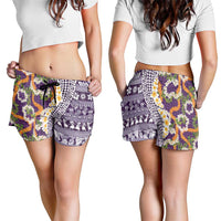 Hawaiian Plumeria Lei Shorts for Women Kakau Motifs and Palaka Half Style Purple Color LT03 - Polynesian Pride