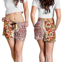 Hawaiian Plumeria Lei Shorts for Women Kakau Motifs and Palaka Half Style Red Color LT03 - Polynesian Pride