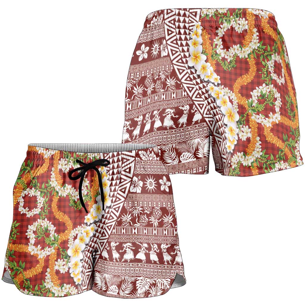 Hawaiian Plumeria Lei Shorts for Women Kakau Motifs and Palaka Half Style Red Color LT03 - Polynesian Pride