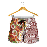 Hawaiian Plumeria Lei Shorts for Women Kakau Motifs and Palaka Half Style Red Color LT03 - Polynesian Pride