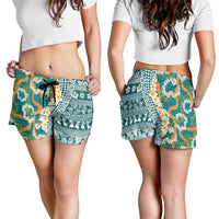 Hawaiian Plumeria Lei Shorts for Women Kakau Motifs and Palaka Half Style Turquoise Color LT03 - Polynesian Pride