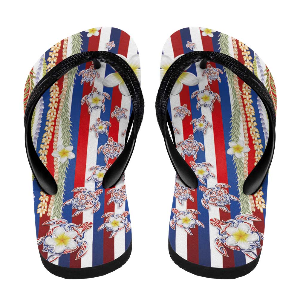 Hawaiian Polynesian Tribal Turtles Flip Flops with Lei and Flag Style