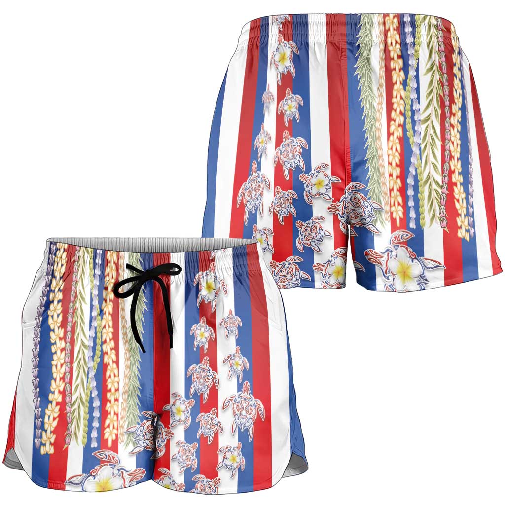 Hawaiian Polynesian Tribal Turtles Shorts for Women with Lei and Flag Style