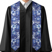 Hawaiian Quilt Pattern Graduation Stole Hibiscus and Tribal Element Vintage Blue Vibe
