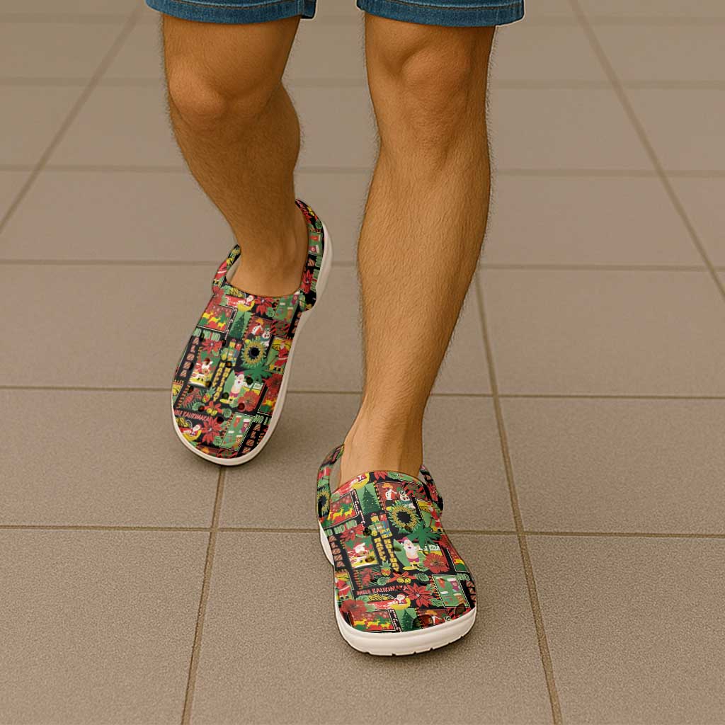 Hawaiian Santa Christmas Pattern Clogs Shoes Black Version - Polynesian Pride