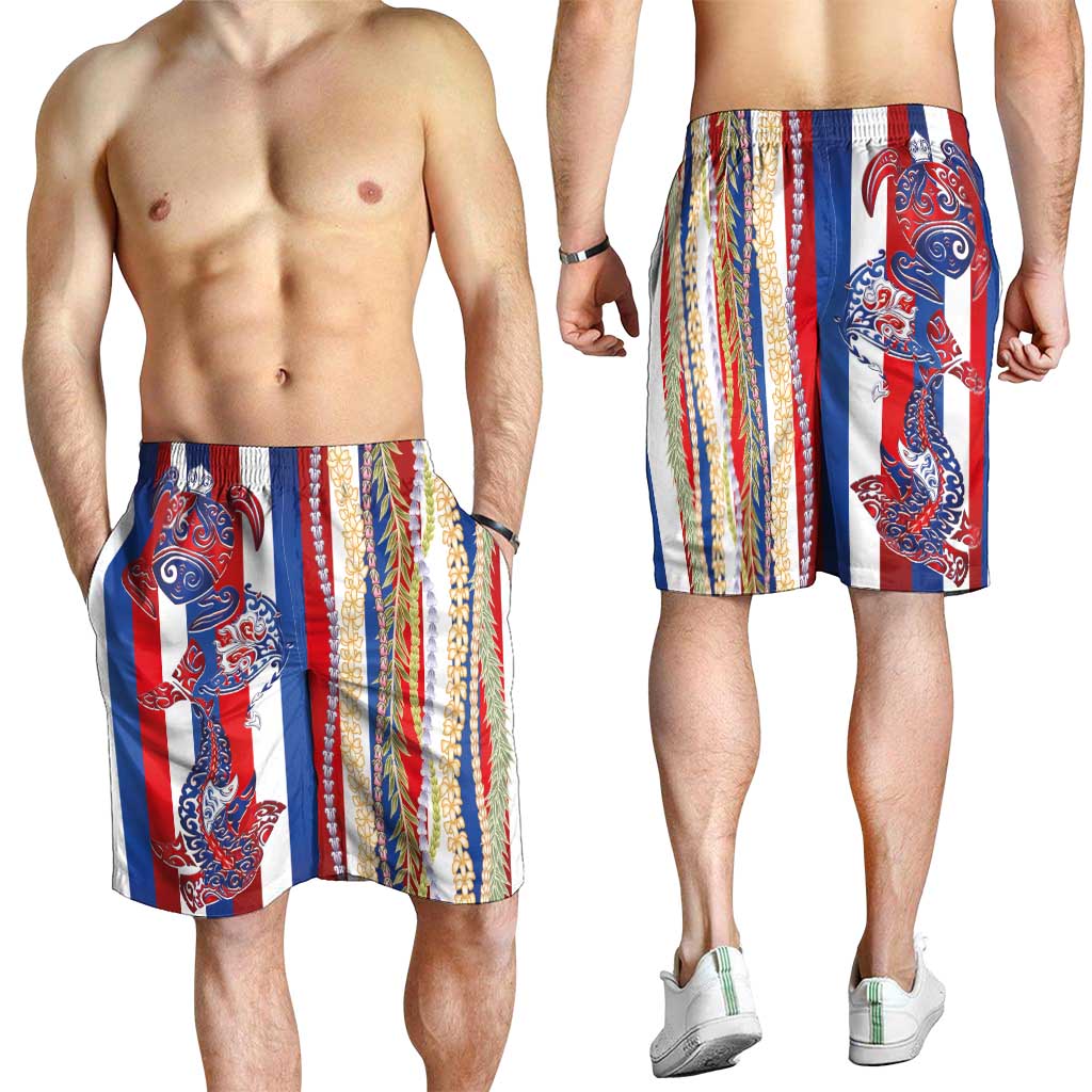 Hawaiian Sea Animals Shorts for Men with Lei and Flag Style