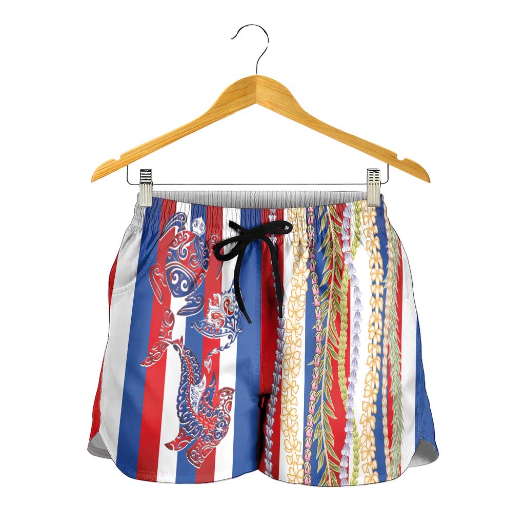Hawaiian Sea Animals Shorts for Women with Lei and Flag Style