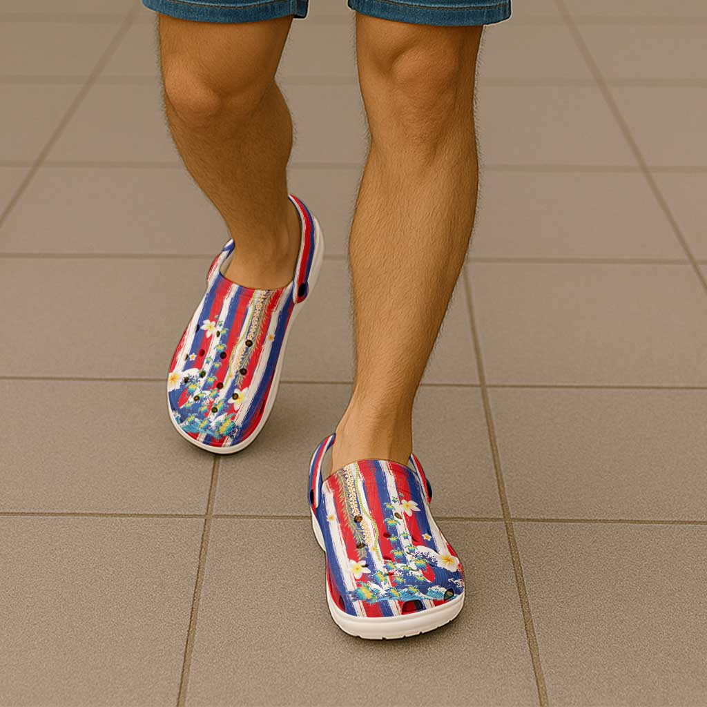 Hawaiian Sea Turtles and Plumeria Clogs Shoes with Lei and Flag Grunge Style LT03