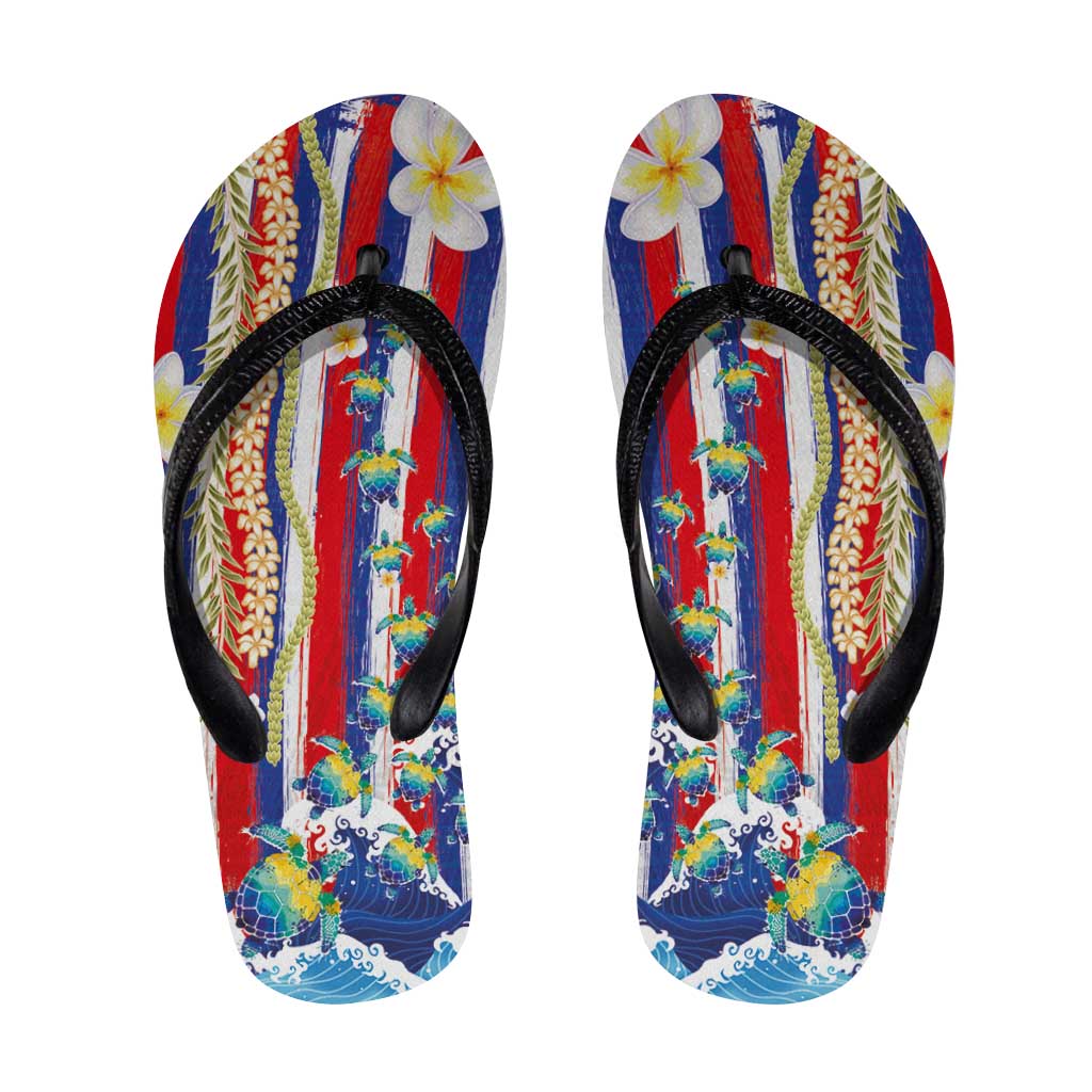 Hawaiian Sea Turtles and Plumeria Flip Flops with Lei and Flag Grunge Style