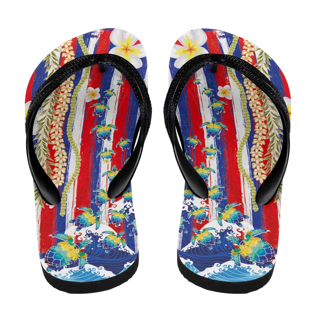 Hawaiian Sea Turtles and Plumeria Flip Flops with Lei and Flag Grunge Style
