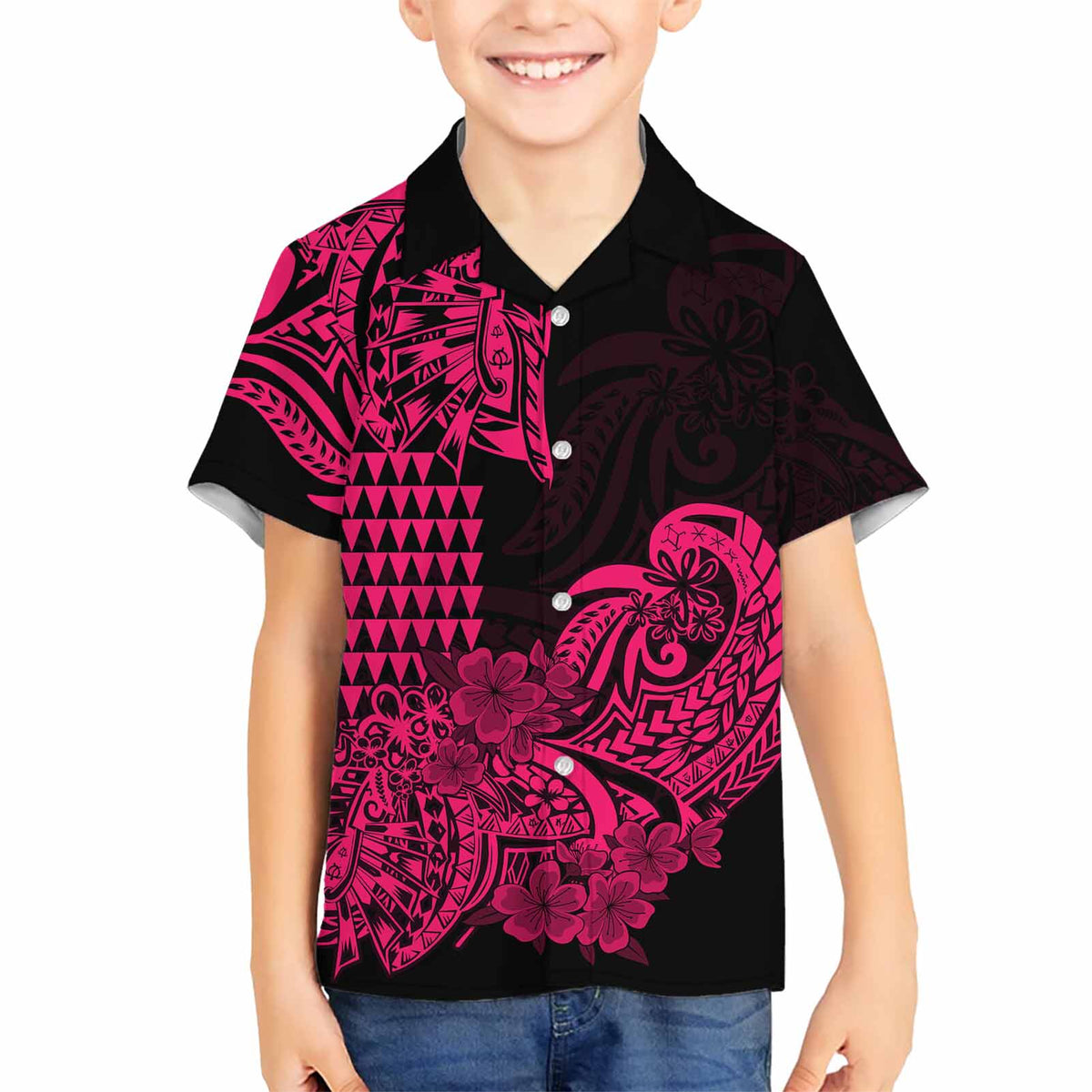 Hawaii Kakau Polynesian Floral Tribal Kid Hawaiian Shirt LT9