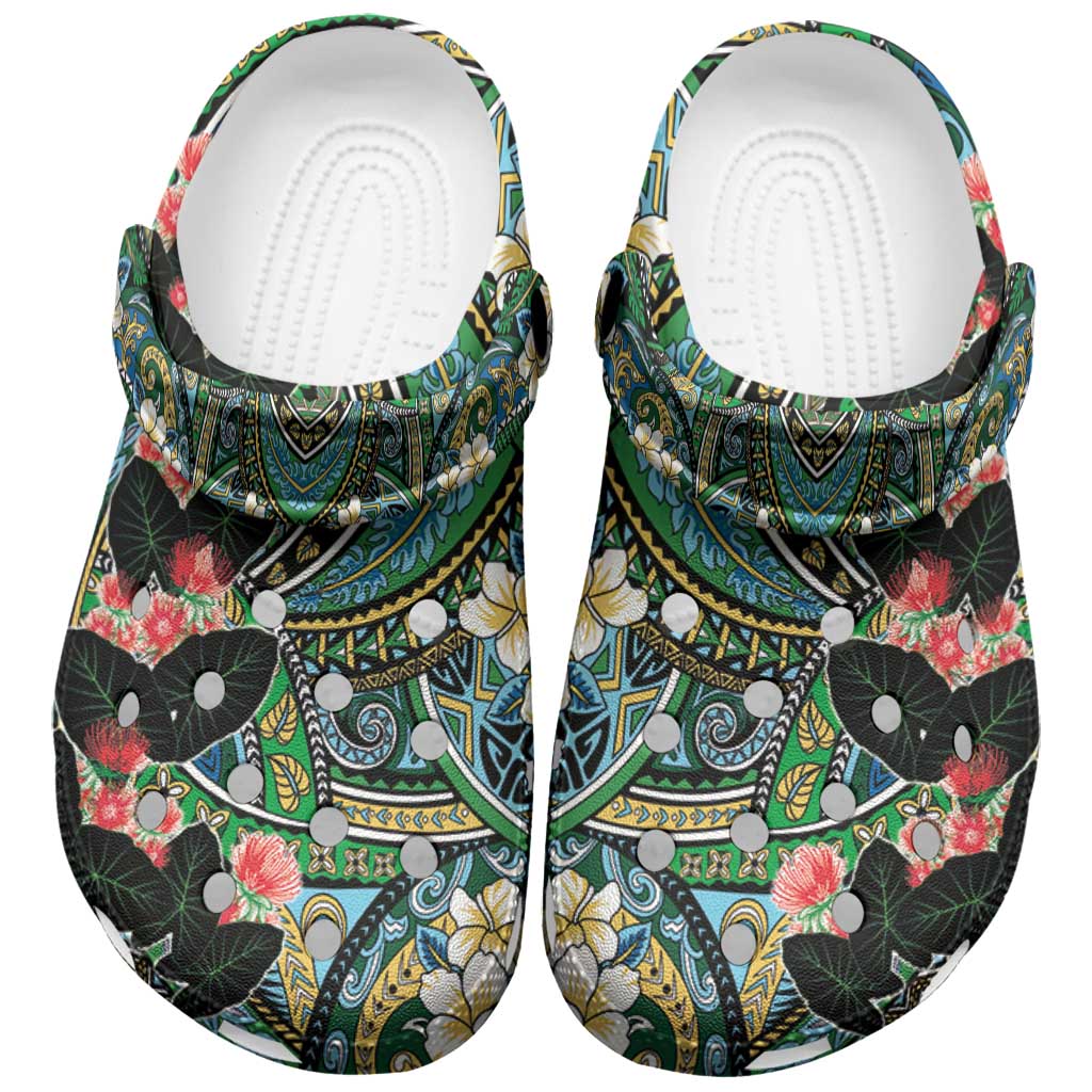 Hawaiian Taro Leaves and Ohia Lehua Clogs Shoes Polynesian Tribal Art Tropical Plants Motifs Colorful LT03 Multicolor - Polynesian Pride