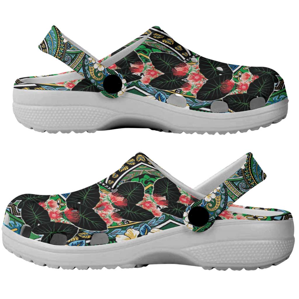Hawaiian Taro Leaves and Ohia Lehua Clogs Shoes Polynesian Tribal Art Tropical Plants Motifs Colorful LT03 - Polynesian Pride