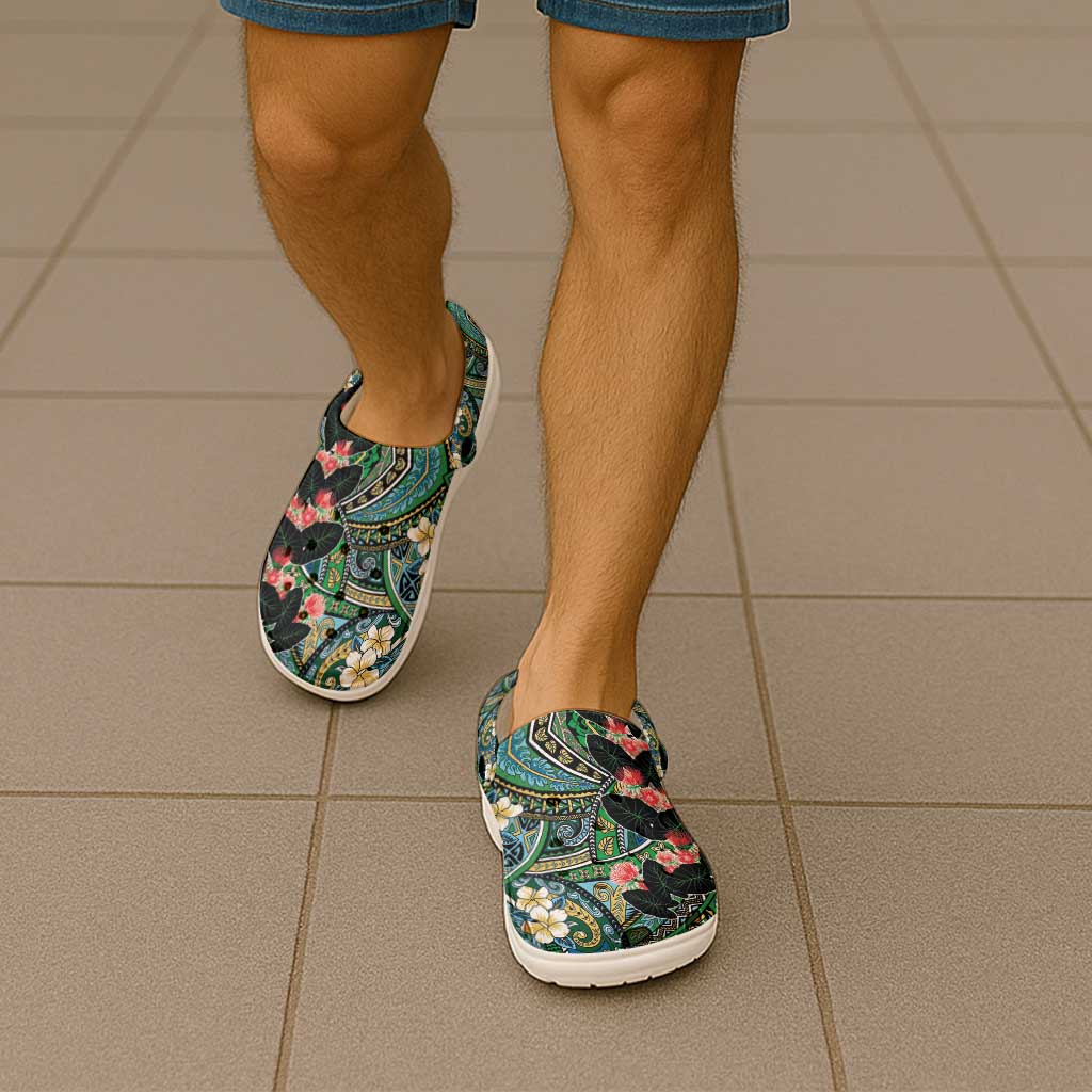Hawaiian Taro Leaves and Ohia Lehua Clogs Shoes Polynesian Tribal Art Tropical Plants Motifs Colorful LT03 - Polynesian Pride