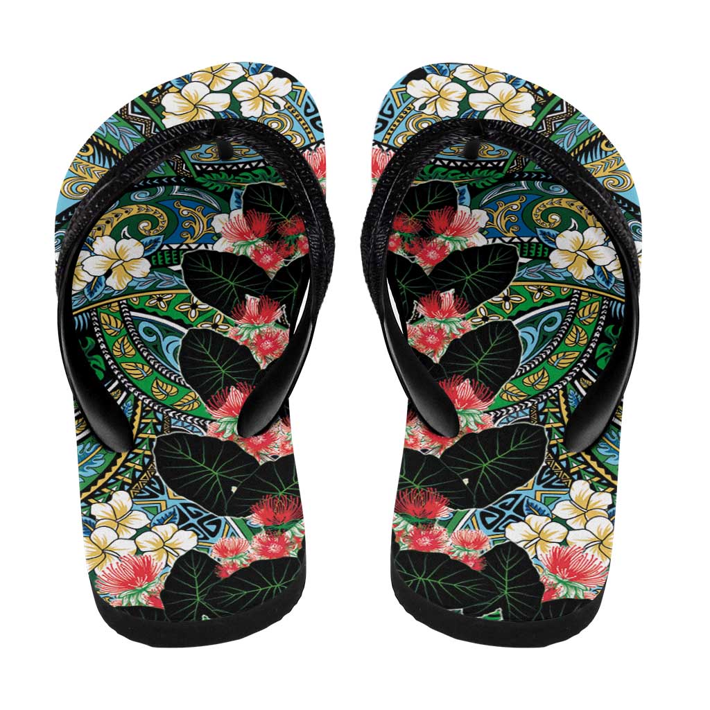 Hawaiian Taro Leaves and Ohia Lehua Flip Flops Polynesian Tribal Art Tropical Plants Motifs Colorful