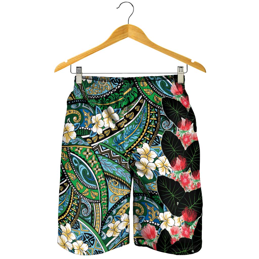 Hawaiian Taro Leaves and Ohia Lehua Shorts for Men Polynesian Tribal Art Tropical Plants Motifs Colorful LT03 - Polynesian Pride