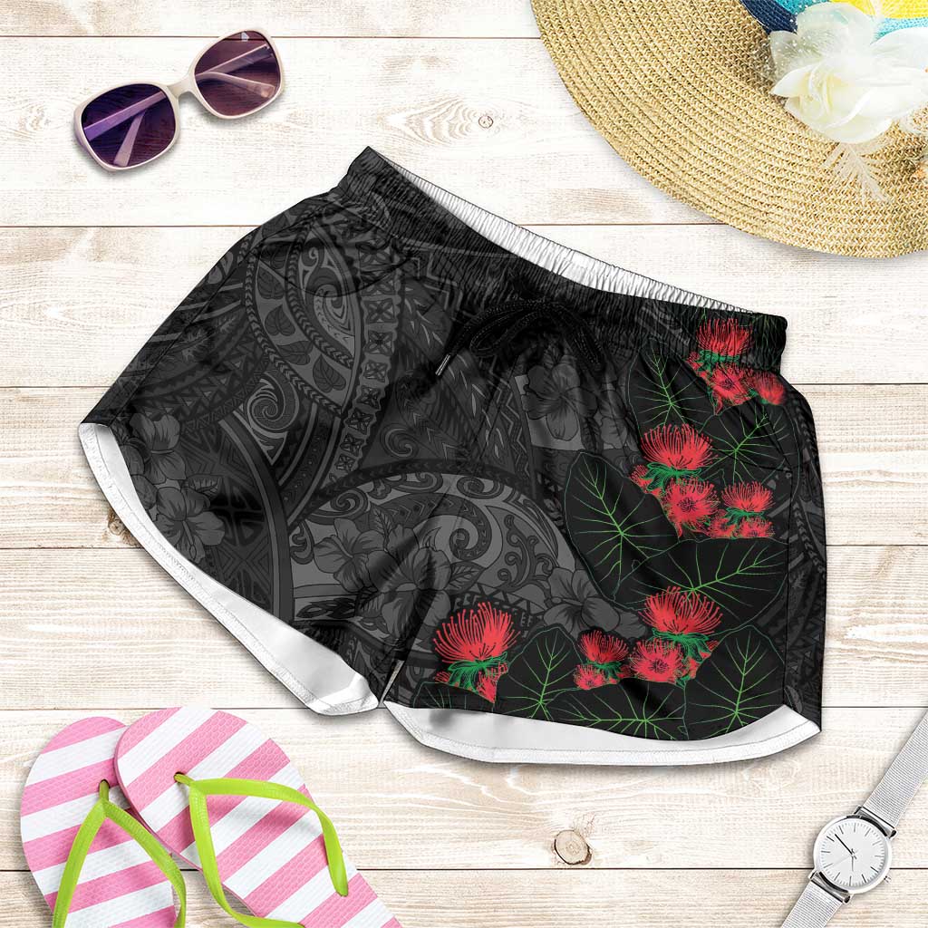 Hawaiian Taro Leaves and Ohia Lehua Shorts for Women Polynesian Tribal Art Tropical Plants Motifs Grayscale