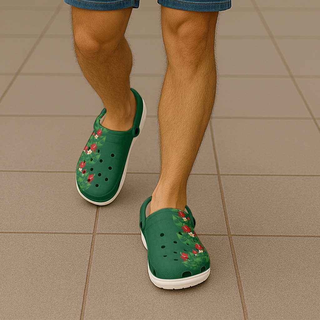 Hawaiian Taro Leaves-Hibiscus and Plumeria Clogs Shoes Polynesian Art-Kakau Tattoo Green
