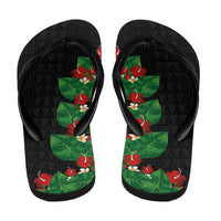 Hawaiian Taro Leaves-Hibiscus and Plumeria Flip Flops Polynesian Art-Kakau Tattoo Black