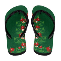 Hawaiian Taro Leaves-Hibiscus and Plumeria Flip Flops Polynesian Art-Kakau Tattoo Green