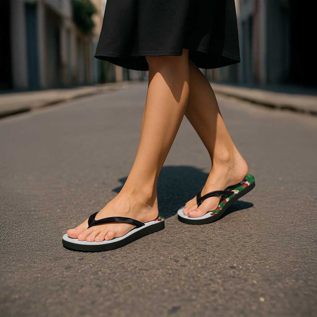 Hawaiian Taro Leaves-Hibiscus and Plumeria Flip Flops Polynesian Art-Kakau Tattoo White