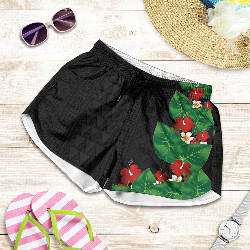 Hawaiian Taro Leaves-Hibiscus and Plumeria Shorts for Women Polynesian Art-Kakau Tattoo Black LT03 Black - Polynesian Pride