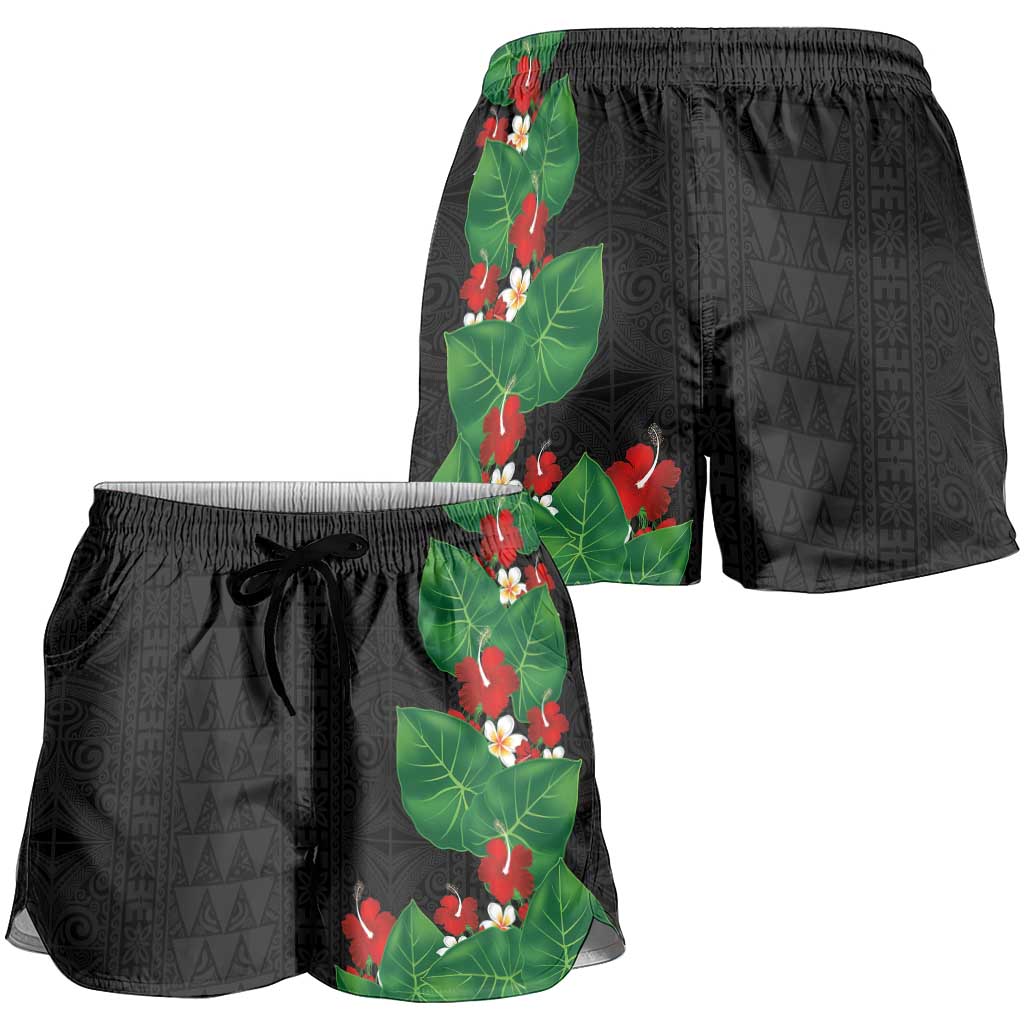 Hawaiian Taro Leaves-Hibiscus and Plumeria Shorts for Women Polynesian Art-Kakau Tattoo Black LT03 - Polynesian Pride