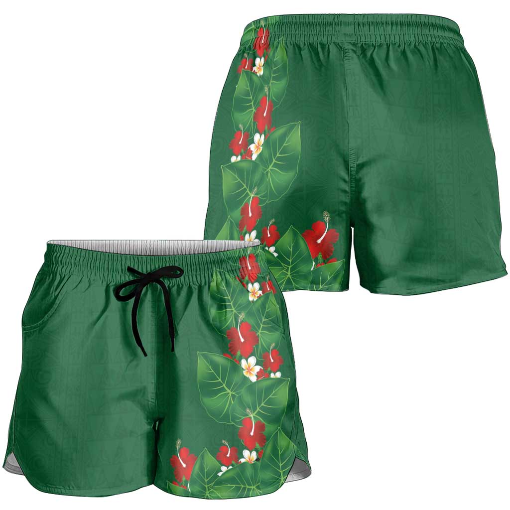 Hawaiian Taro Leaves-Hibiscus and Plumeria Shorts for Women Polynesian Art-Kakau Tattoo Green LT03 - Polynesian Pride
