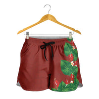 Hawaiian Taro Leaves-Hibiscus and Plumeria Shorts for Women Polynesian Art-Kakau Tattoo Red LT03 - Polynesian Pride