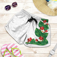Hawaiian Taro Leaves-Hibiscus and Plumeria Shorts for Women Polynesian Art-Kakau Tattoo White LT03 White - Polynesian Pride