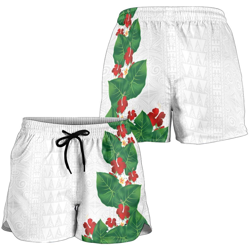 Hawaiian Taro Leaves-Hibiscus and Plumeria Shorts for Women Polynesian Art-Kakau Tattoo White LT03 - Polynesian Pride