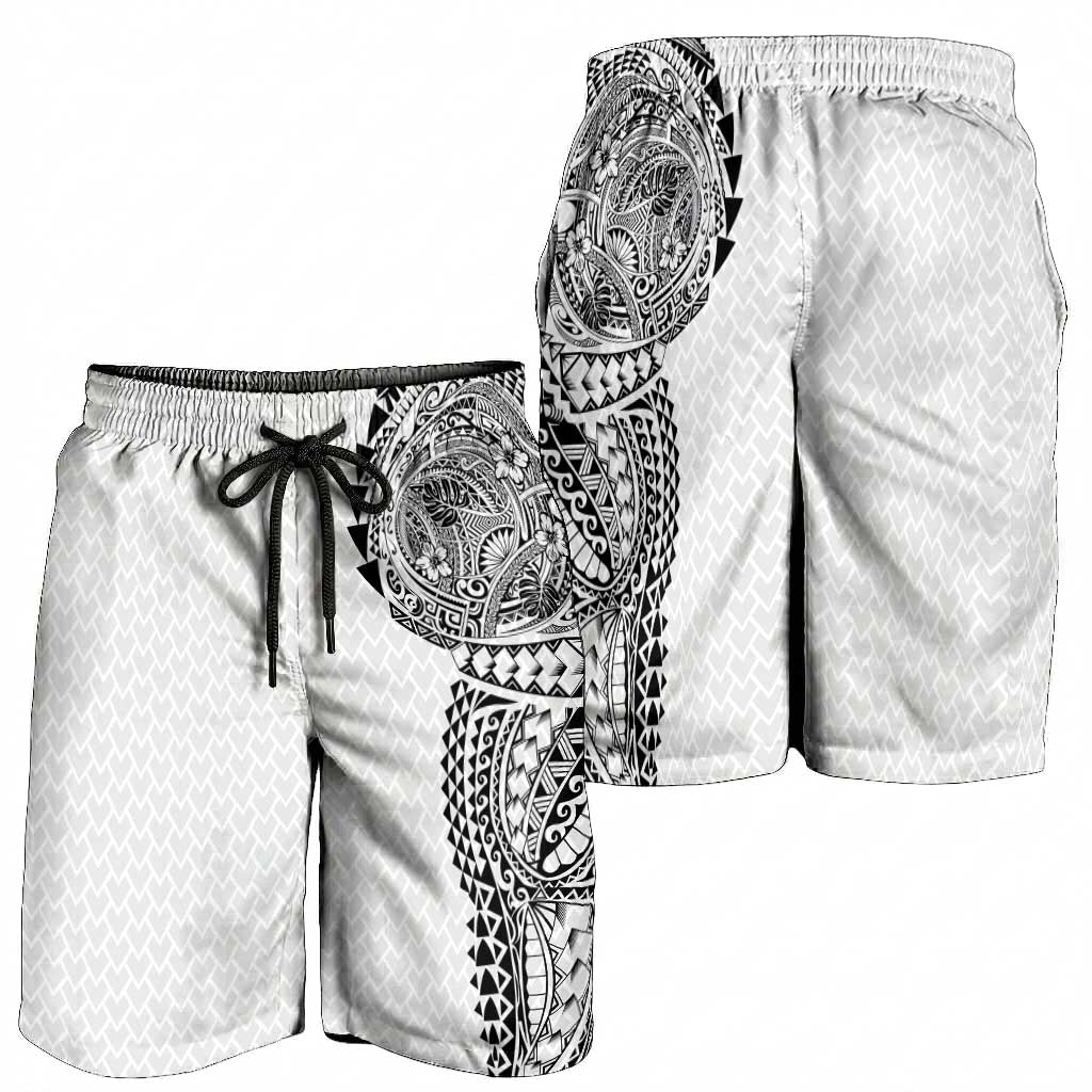 Hawaiian Traditional Tattoos Shorts for Men Kakau Tribal Tropical Plant Motif White Color LT03 - Polynesian Pride