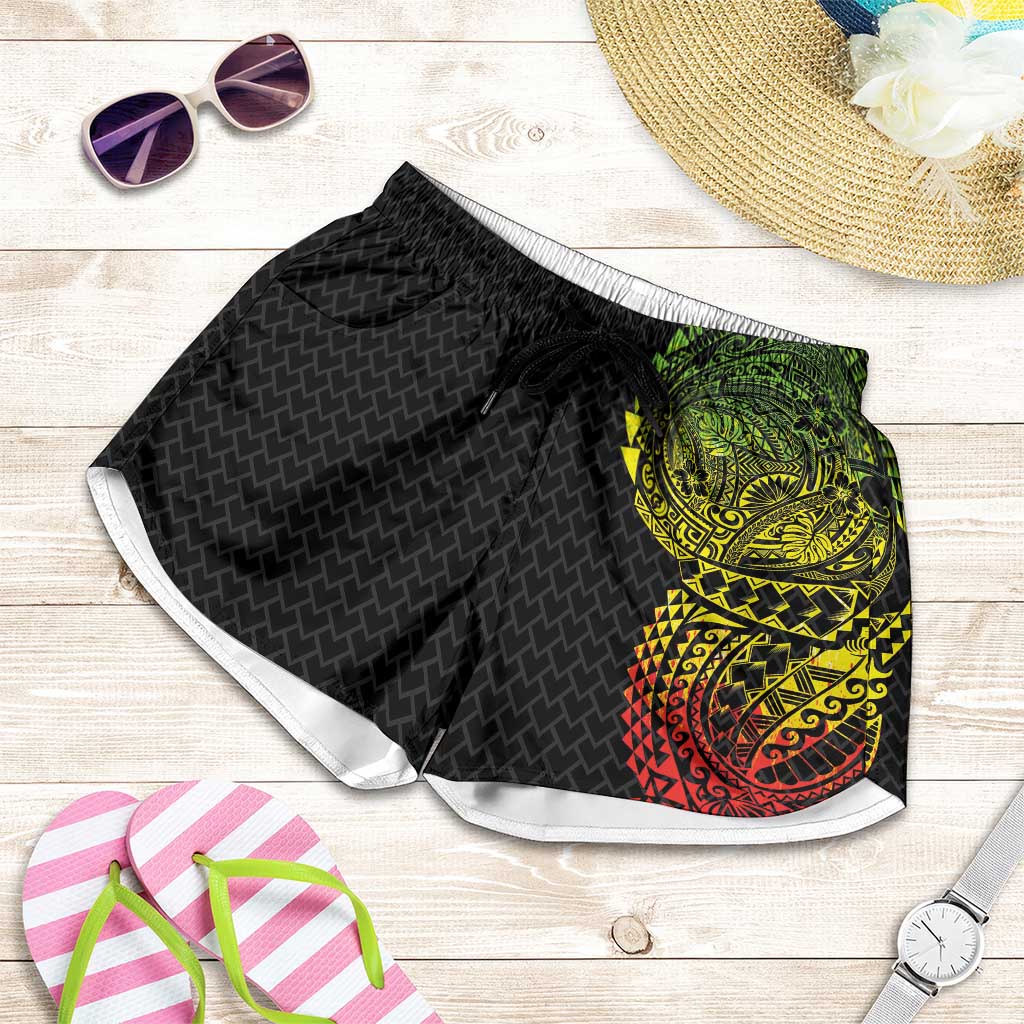 Hawaiian Traditional Tattoos Shorts for Women Kakau Tribal Tropical Plant Motif Kanaka Maoli Flag Color Inspired