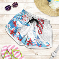 Hawaiian Tribal Manta Ray Shorts for Women Kakau Tattoo and Flowers Surfing Waves Pattern Ocean Color LT03 Multicolor - Polynesian Pride