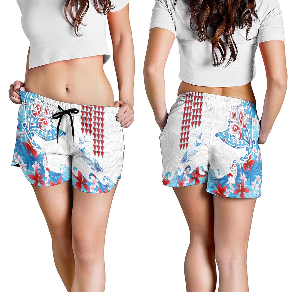 Hawaiian Tribal Manta Ray Shorts for Women Kakau Tattoo and Flowers Surfing Waves Pattern Ocean Color LT03 - Polynesian Pride