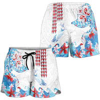 Hawaiian Tribal Manta Ray Shorts for Women Kakau Tattoo and Flowers Surfing Waves Pattern Ocean Color LT03 - Polynesian Pride