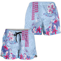 Hawaiian Tribal Manta Ray Shorts for Women Kakau Tattoo and Flowers Surfing Waves Pattern Soft Color
