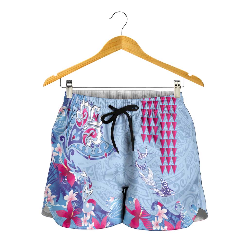 Hawaiian Tribal Manta Ray Shorts for Women Kakau Tattoo and Flowers Surfing Waves Pattern Soft Color