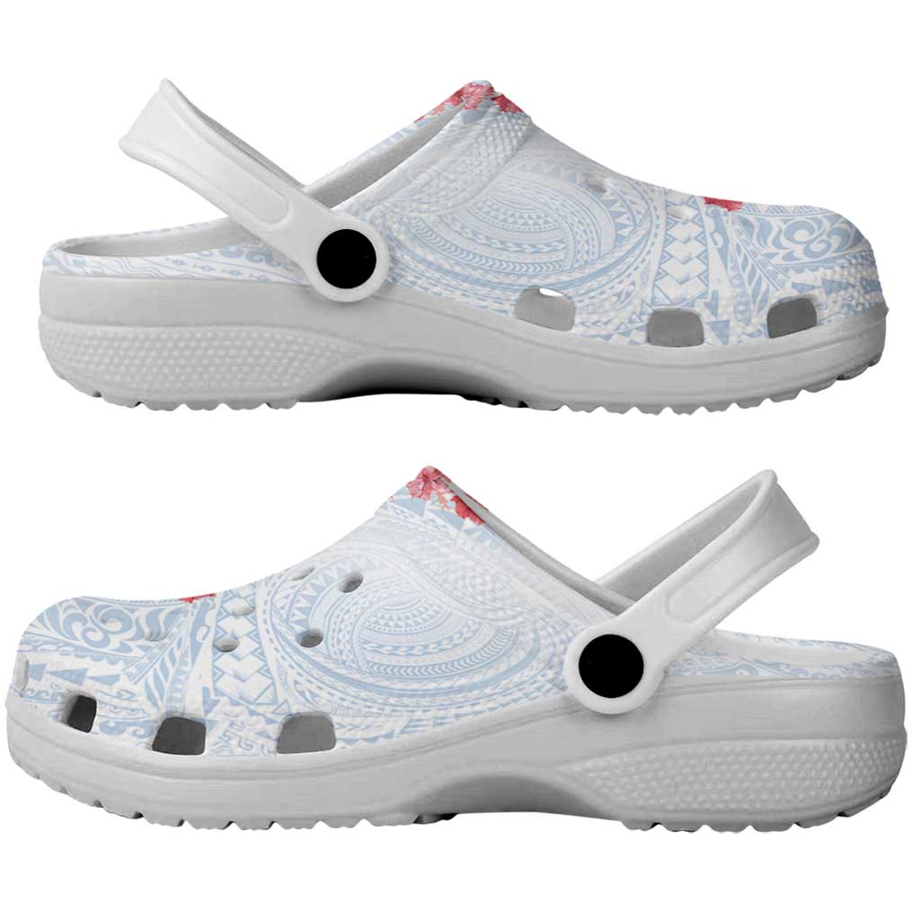 Hawaiian Tribal Tattoo and Hibiscus Clogs Shoes Polynesian Pattern Airy White Blue Cloud