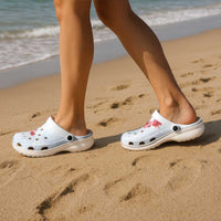 Hawaiian Tribal Tattoo and Hibiscus Clogs Shoes Polynesian Pattern Airy White Blue Cloud