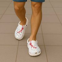 Hawaiian Tribal Tattoo and Hibiscus Clogs Shoes Polynesian Pattern Airy White Blue Cloud