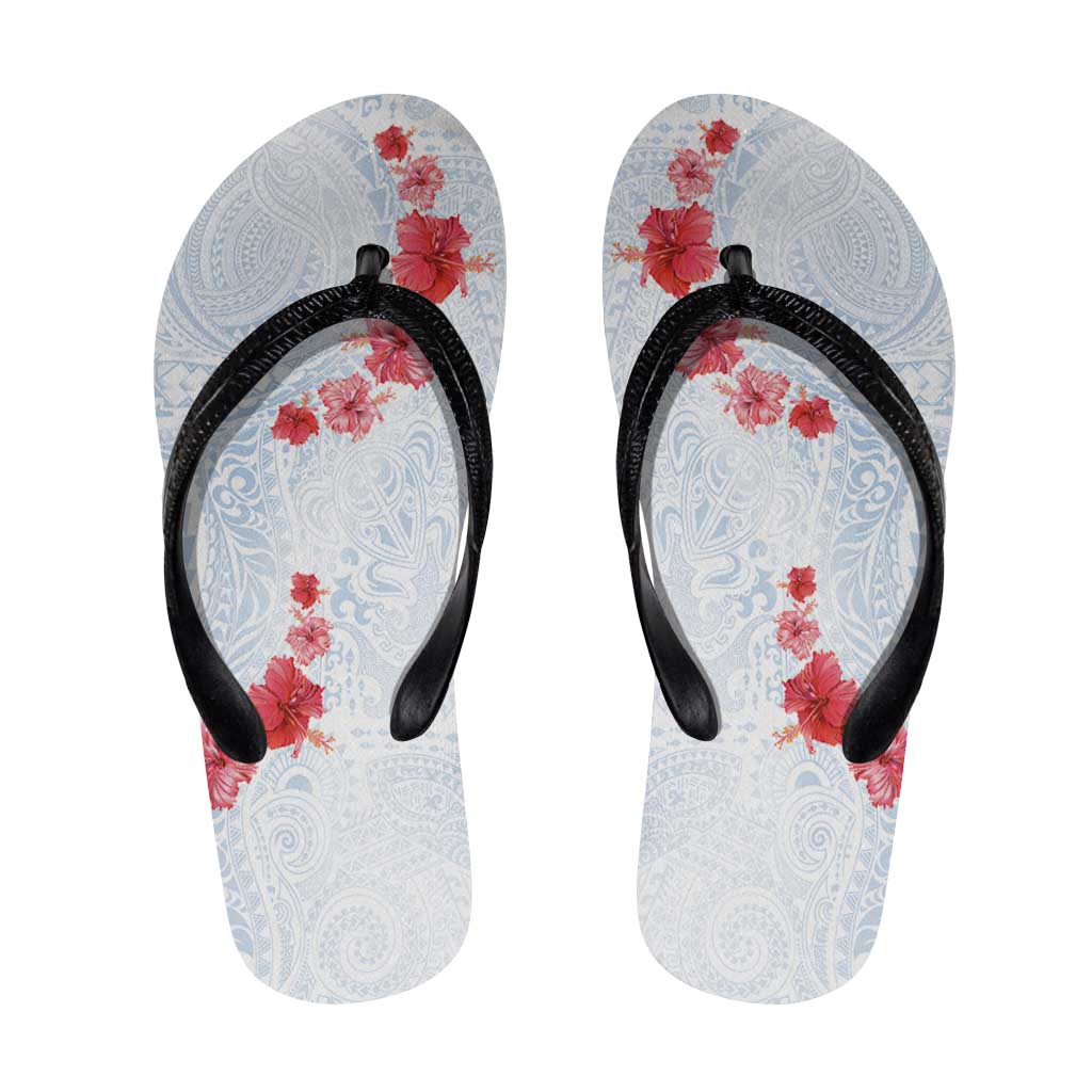 Hawaiian Tribal Tattoo and Hibiscus Flip Flops Polynesian Pattern Airy White Blue Cloud