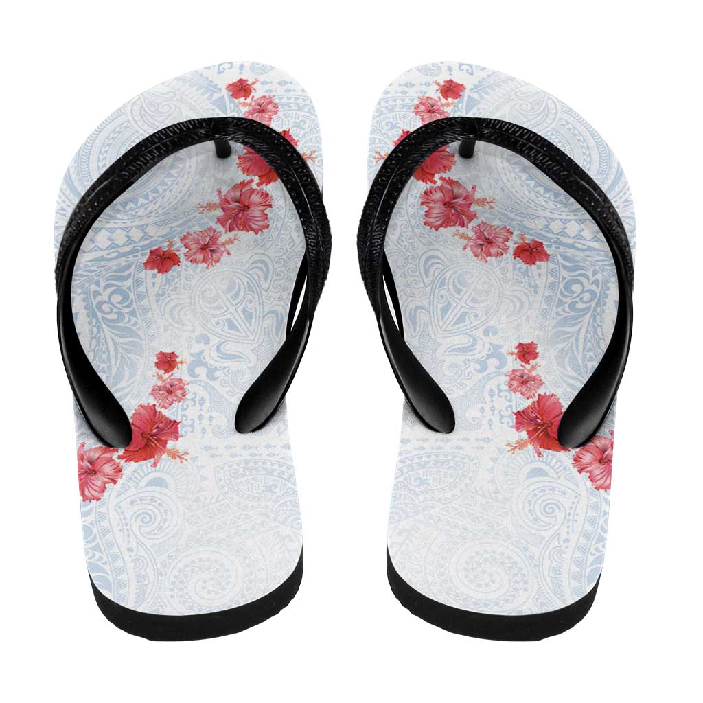 Hawaiian Tribal Tattoo and Hibiscus Flip Flops Polynesian Pattern Airy White Blue Cloud